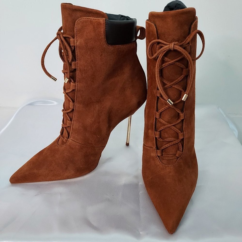 Good American Tobacco Suede Lace Up Booties NWT